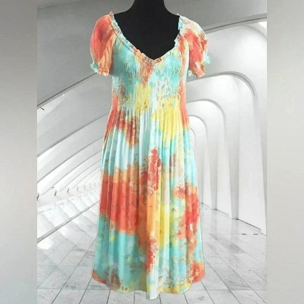 Boho Watercolor Picnic Soft Stretch Medium Dress